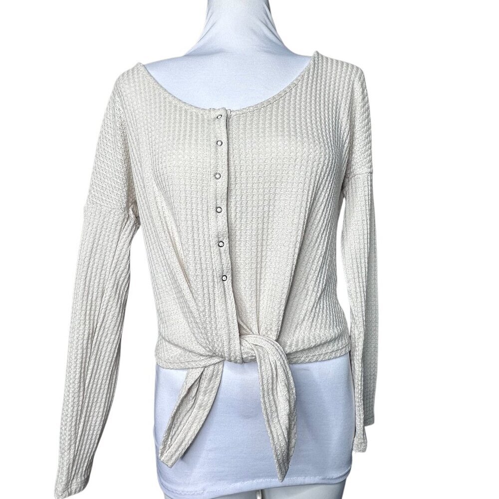Express Women's Long Sleeve Waffle Knit Tie-Front Top - Cream